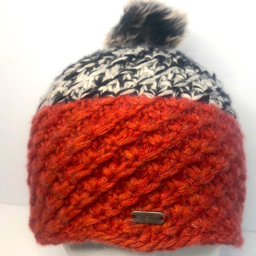 Pistil Crochet Knit Hat with Pom-pom Coral and Black & White lambswool